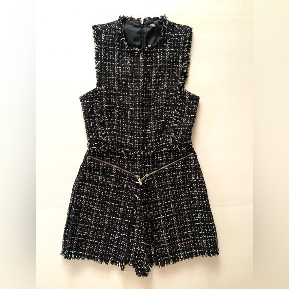 Zara Tweed Romper Womens XS Black Pink Sleeveless Preppy Zipper Parisian Shorts